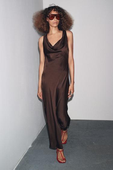 ZW COLLECTION LONG SATIN DRESS - Brown by Zara