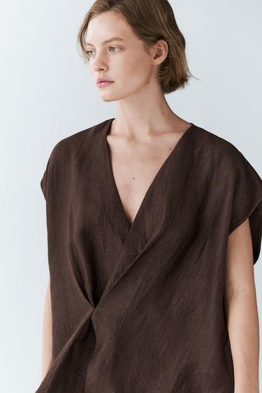 Flowing linen blend wrap blouse — Brown 2