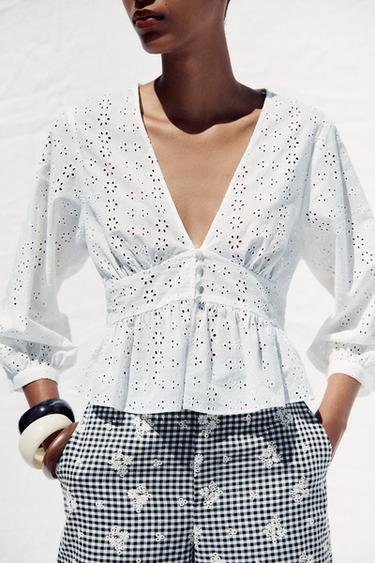Zara EYELET EMBROIDERY SHIRT - White