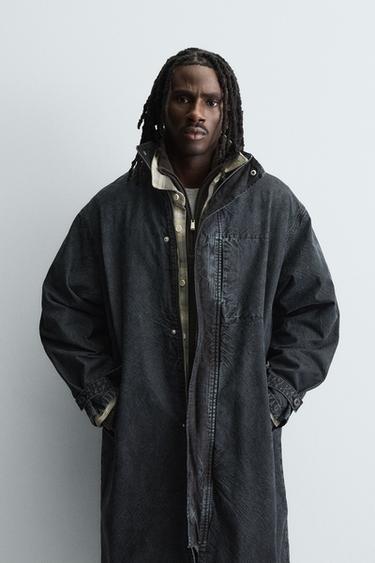 Zara RELAXED FIT WASHED DENIM COAT - Black