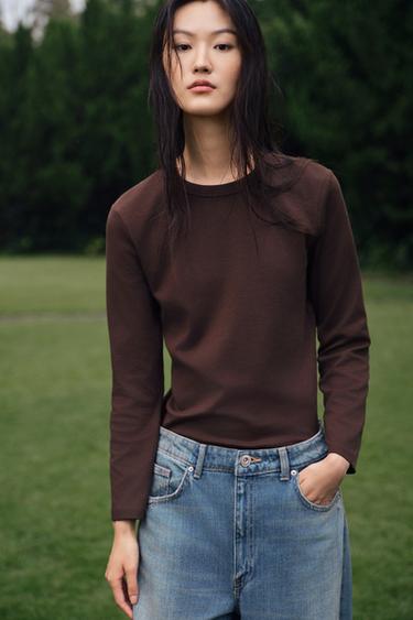 Zara INTERLOCK 長袖 T 恤 - 巧克力色