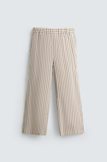 Zara STRIPED RELAXED FIT PANTS - Beige / Navy