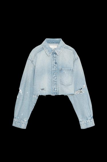 Zara TRF RIPPED CROP DENIM OVERSHIRT - Blue