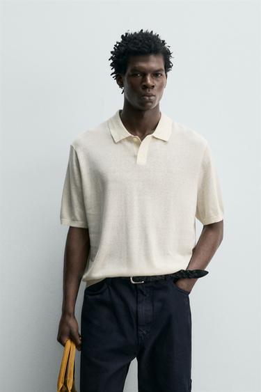 ТРИКОТАЖНА ШОВКОВО-ЛЛЯНА СОРОЧКА-ПОЛО - Сірувато-білий Zara