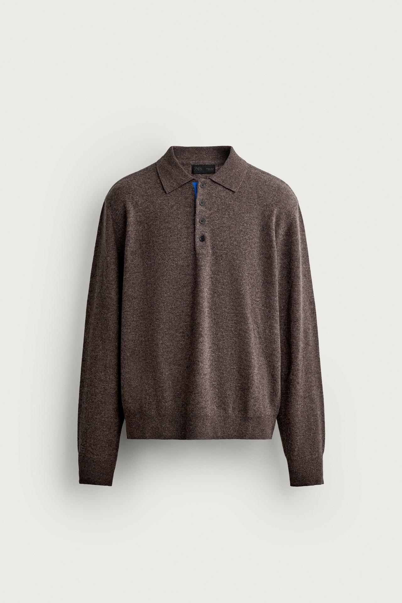 100% WOOL CONTRAST KNIT POLO — Brown