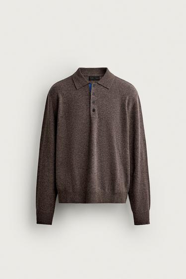 100% WOOL CONTRAST KNIT POLO — Brown 1