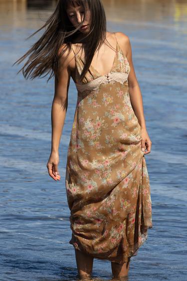 플라워 레이스 패턴 미디 원피스 - Zara 카키