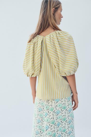 BLOUSE À RAYURES ET MANCHES BOUFFANTES ÉDITION LIMITÉE - Citron vert de Zara - Image 3