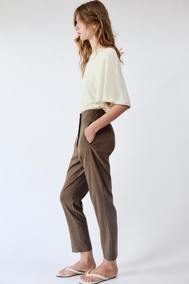 PANTALÓN RAYAS TIRO ALTO - tostado de Zara