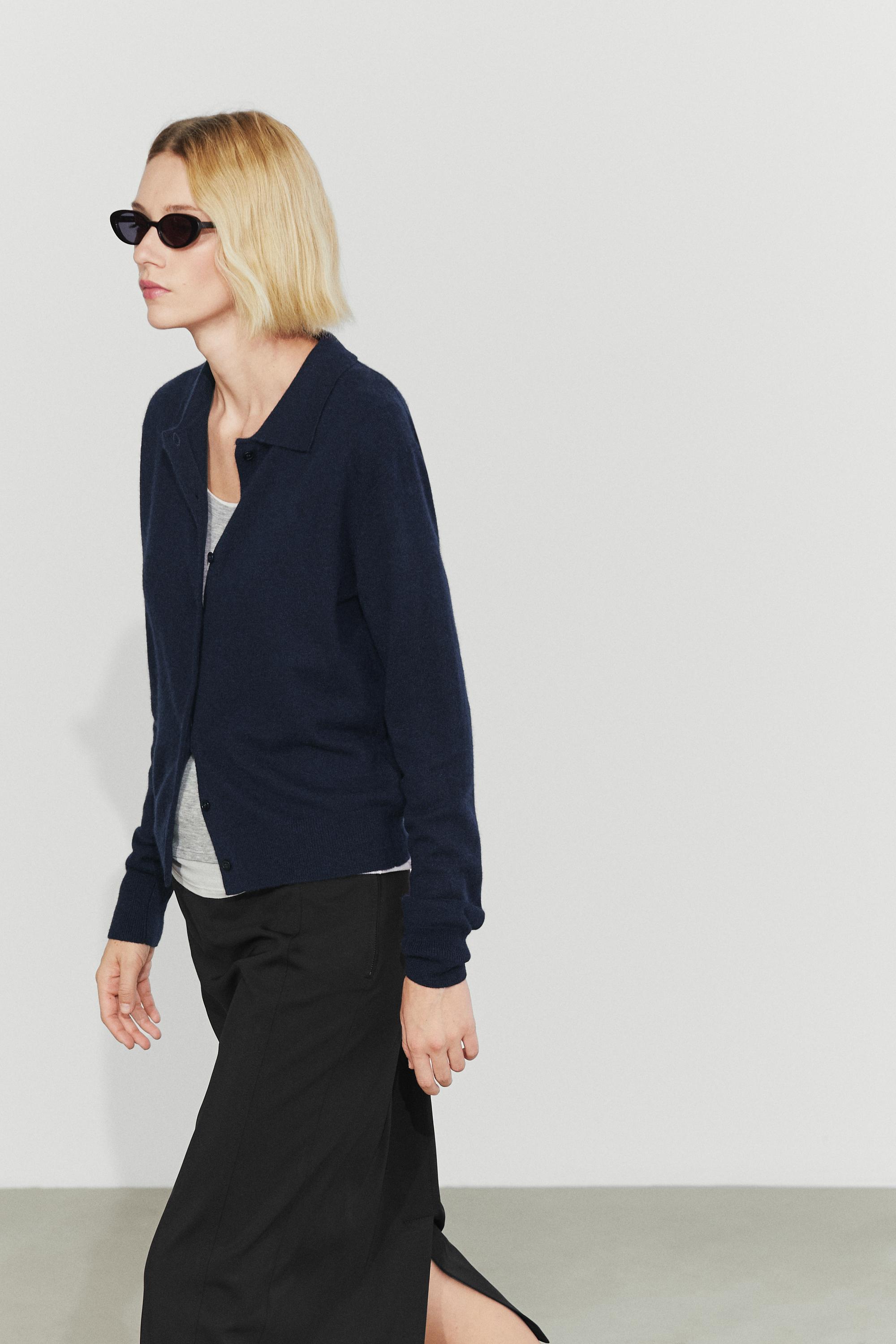 100% cashmere knit polo collar cardigan — Navy blue