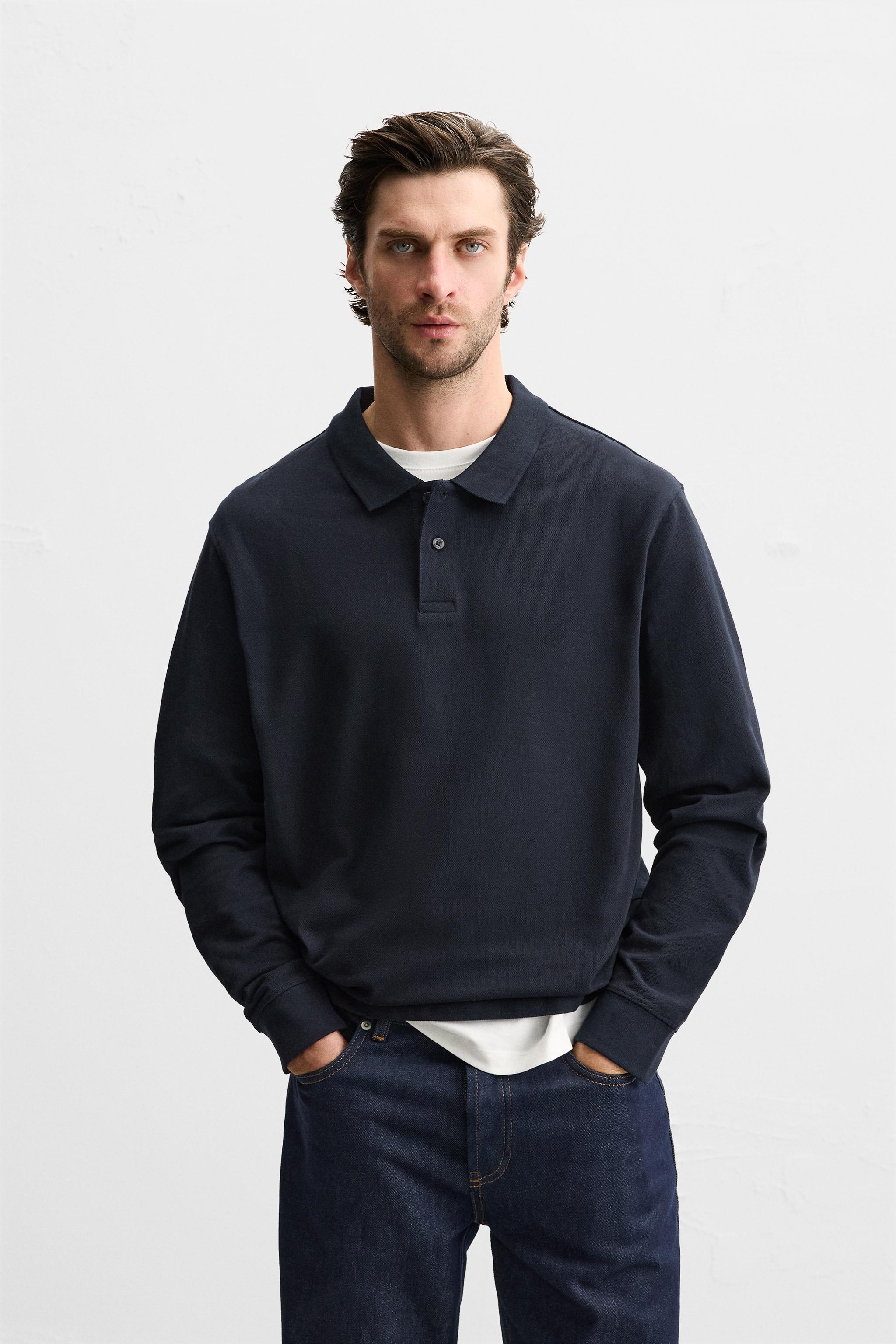 Camisas Polo Masculinas De Pique Polo ZARA De Piqué Rayado Marrón/Azul, Para Hombre Camisas Tipo Polo Piqué