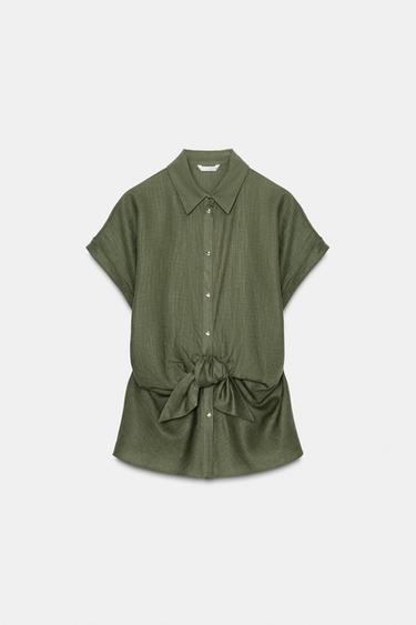 LINEN BLEND SHIRT WITH KNOT - Khaki by Zara