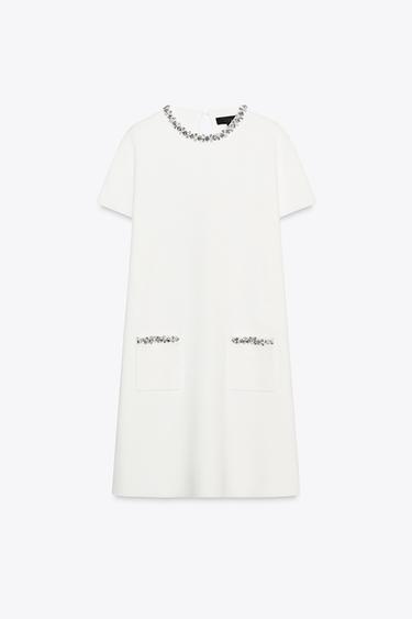 PLAIN KNIT MINI DRESS WITH RHINESTONES - White by Zara - Image 4