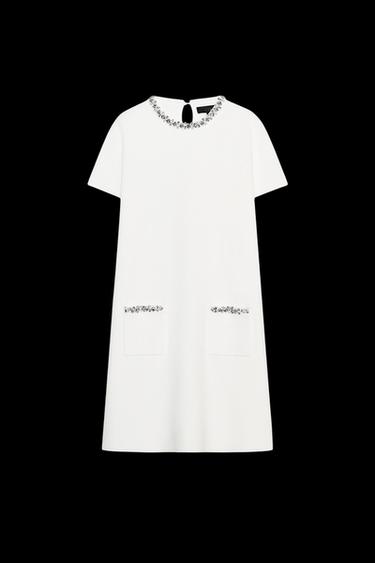 VESTIDO MINI PUNTO LISO JOYAS - Blanco de Zara - Imagen 0