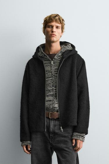 Zara TEXTURED HOODED OVERSHIRT - Black