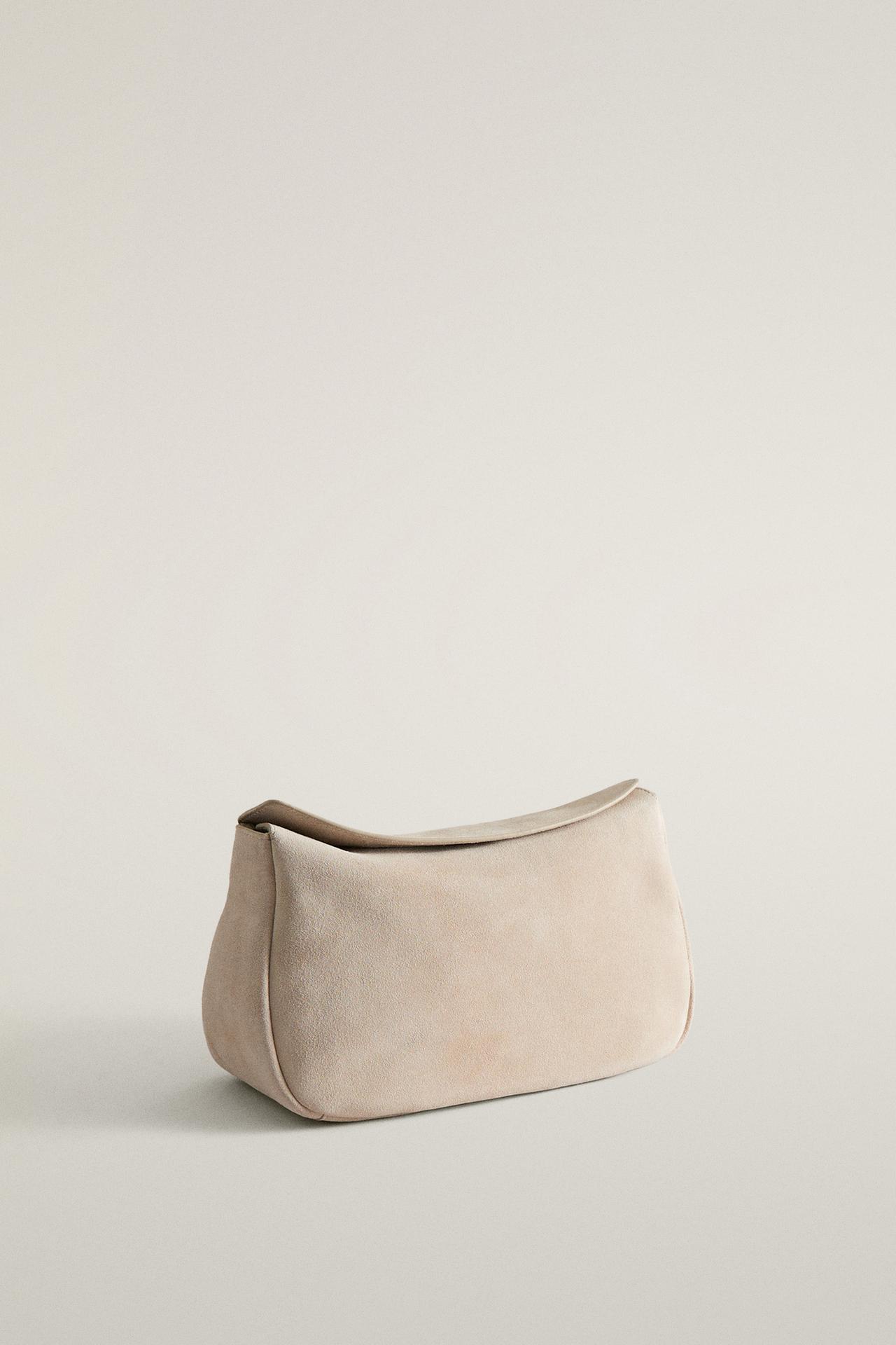 LARGE LEATHER SPLIT CLUTCH MAKEUP BAG — Beige