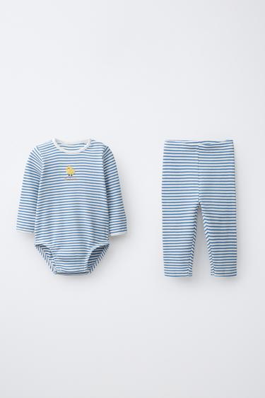 STRIPED BODYSUIT AND LEGGINGS SET WITH EMBROIDERED CHICK - Navy blue by Zara - Image 0