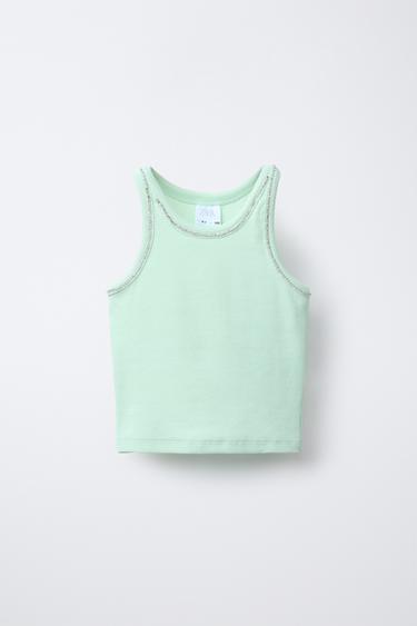 RIBBED T-SHIRT WITH JEWELS - Green by Zara