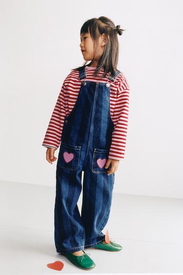 STRIPED HEART PRINT DENIM SHORT DUNGAREES - Blue by Zara