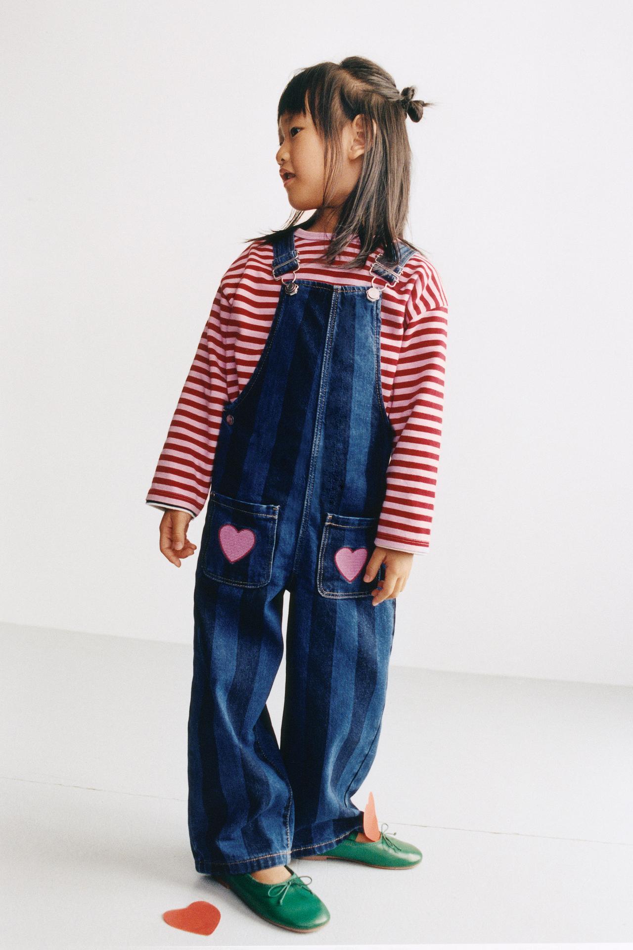 STRIPED HEART DENIM OVERALLS — Blue