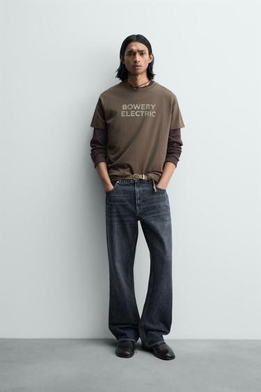 Zara RELAXED FIT WASHED TEXT T-SHIRT - Khaki - Image 0