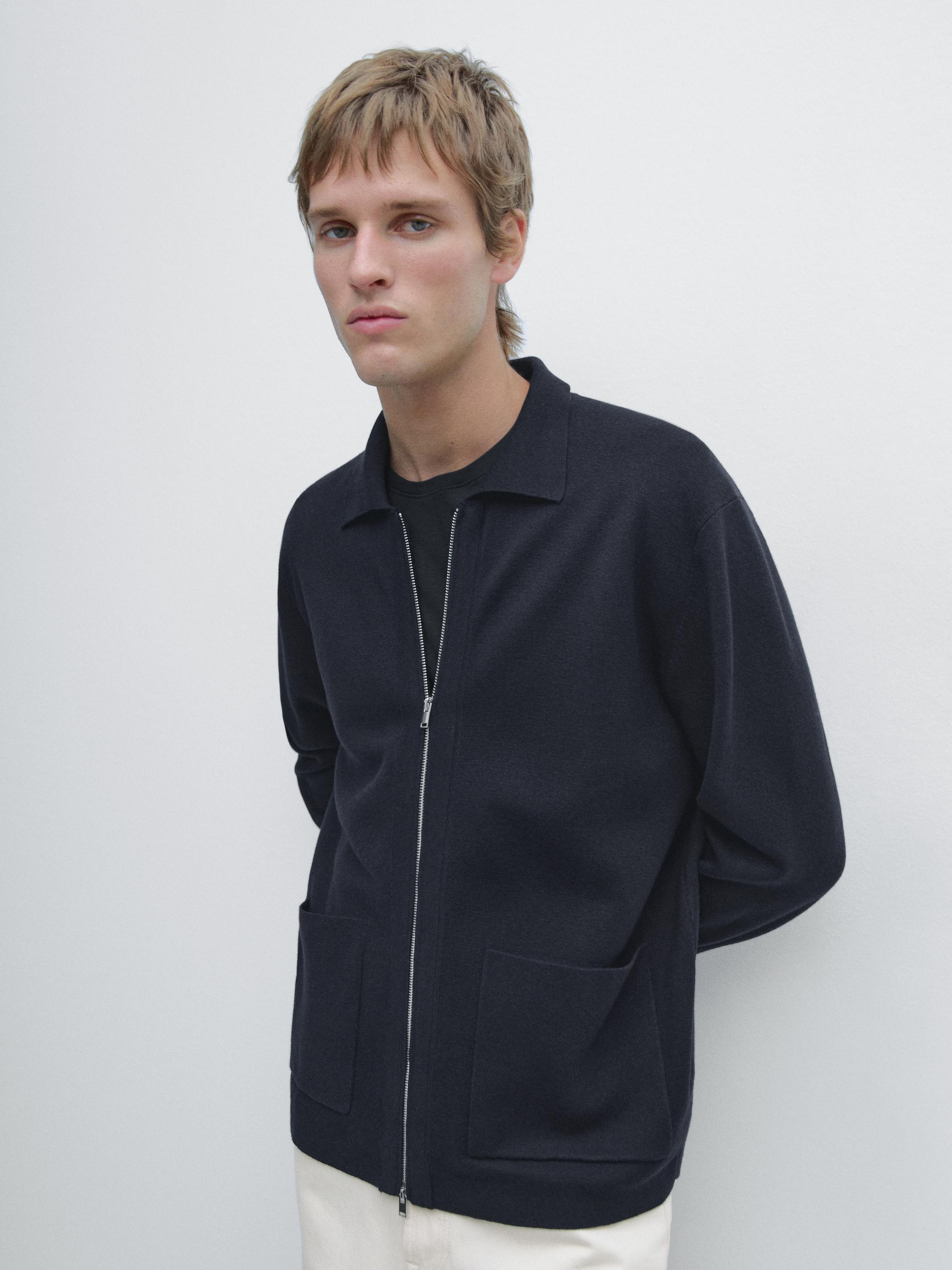 Zip-up knit cotton and wool blend cardigan with pockets