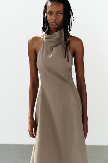 BUCKLE HALTER MIDI DRESS — Brown / Taupe 2