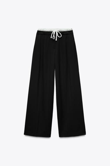 PANTALON LARGE TAILLE DOUBLE Noir ZARA France pantalon-large-taille-double-noir-zara-france