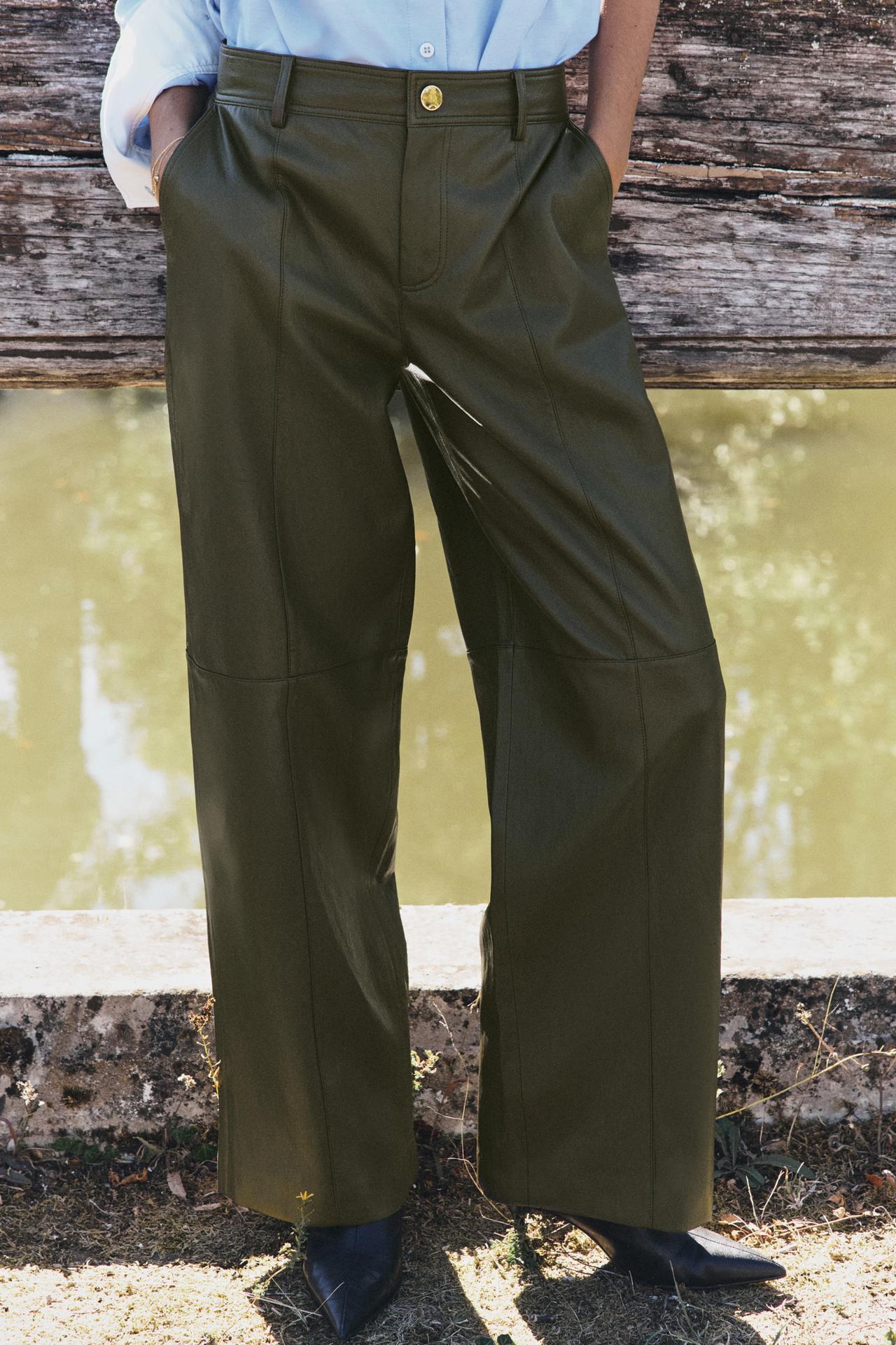 FAUX-LEATHER STRAIGHT PANTS — Khaki
