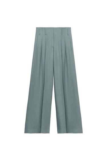 ZW COLLECTION LINEN BLEND PLEATED TROUSERS - Blue / Grey by Zara