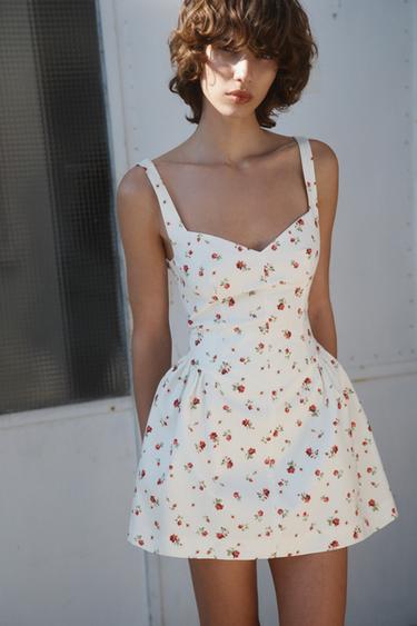 Zara FLORAL PRINT VOLUME DRESS - Ecru / Red