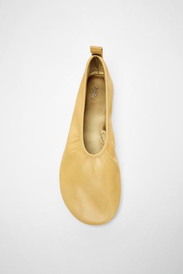 RUFFLED LEATHER BALLET FLATS - Yellow by Zara