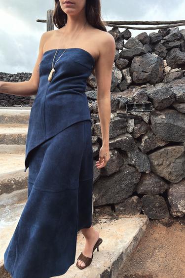 Zara ASYMMETRIC SUEDE EFFECT TOP - Mid-blue