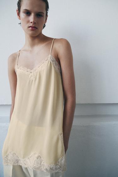 Zara LACE CAMISOLE TOP ZW COLLECTION - Light yellow