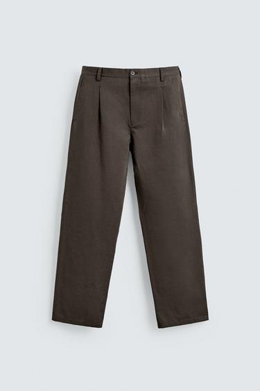 Zara COTTON - LINEN PLEATED PANTS - Black / Brown