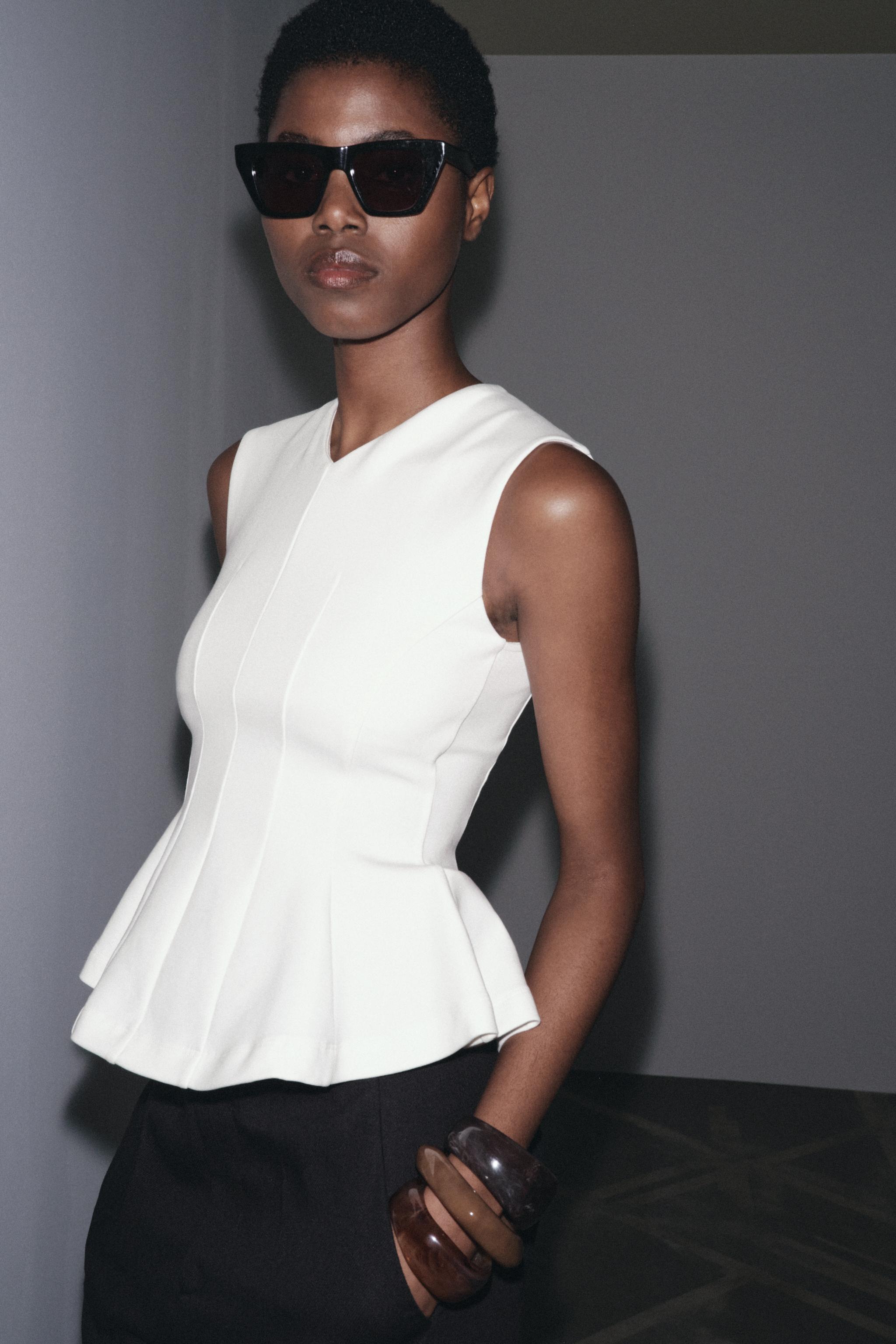 SLEEVELESS INTERLOCK PEPLUM TOP - White | ZARA United States