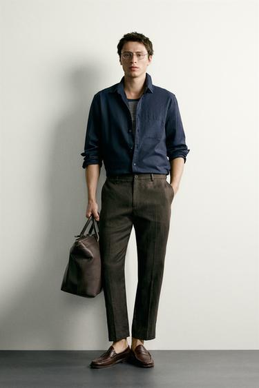 100% LINEN REGULAR FIT TROUSERS - Brown by Zara
