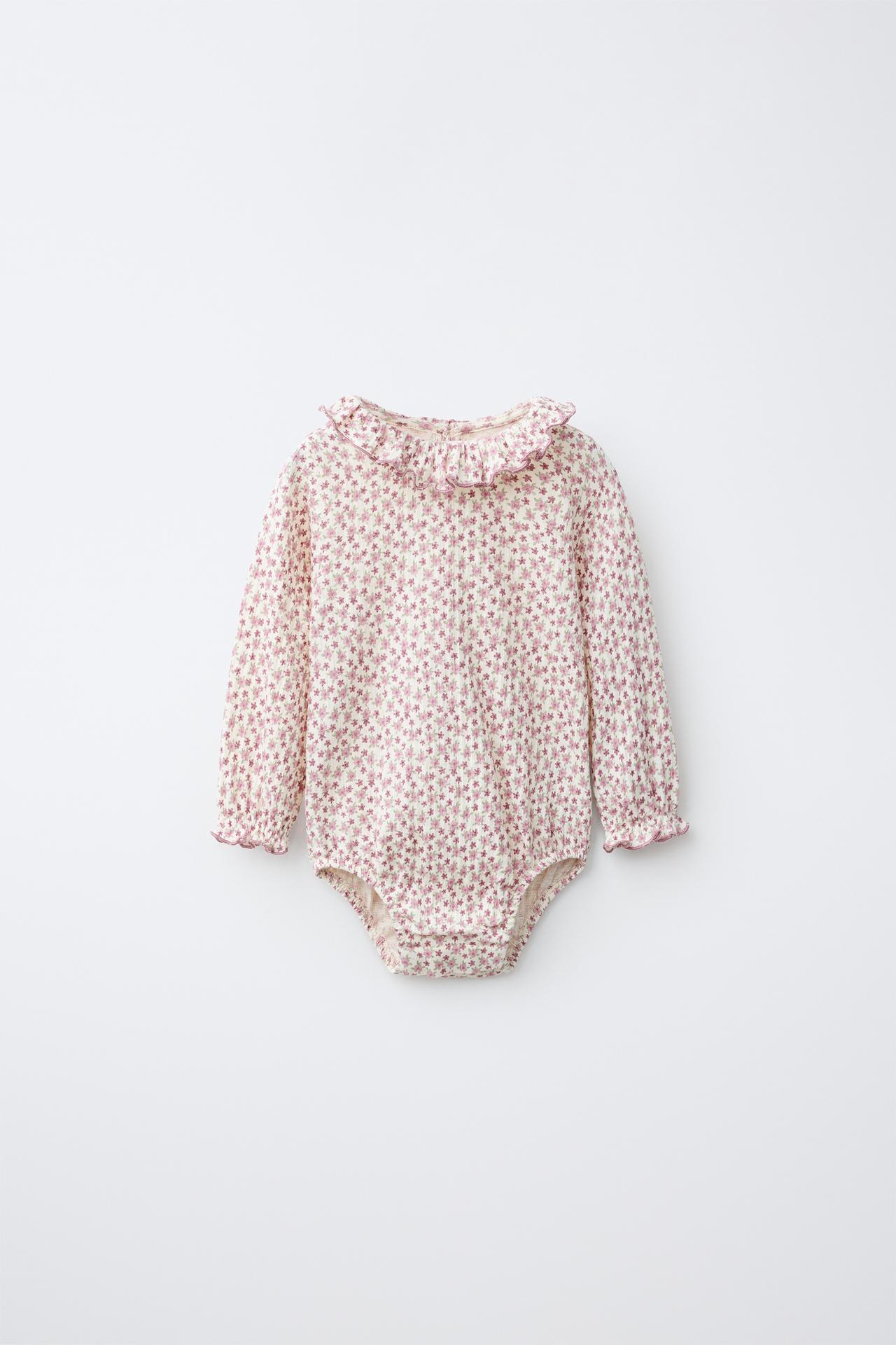 TEXTURED FLORAL PRINT BODYSUIT — Pastel pink