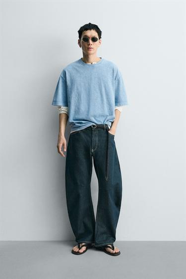 Zara 水洗竹節棉寬鬆版T恤 - 藍色