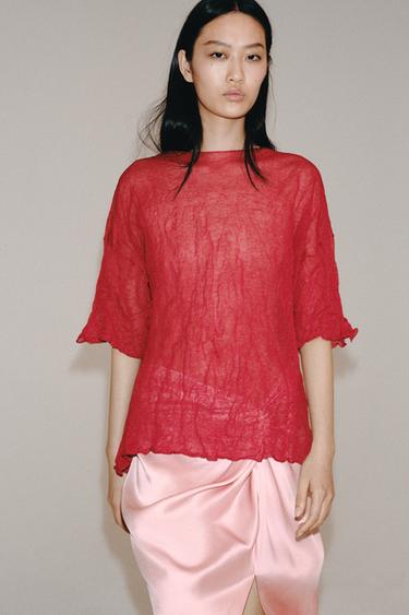 CREASED-EFFECT KNIT TOP - Mid-red by Zara