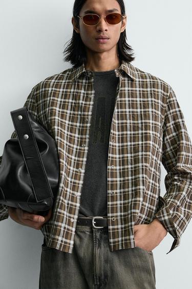 RELAXED FIT CHECK SHIRT - camel by Zara - Image 4