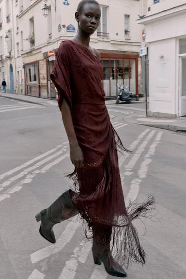 ASYMMETRIC DEVOURED FRINGE MIDI DRESS - Burgundy by Zara - Image 0