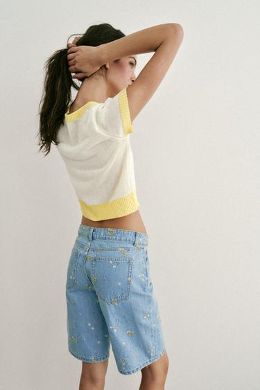 SHORT Z1975 EN JEAN BRODERIES FLEURIES ENSEMBLE - Bleu moyen de Zara - Image 2