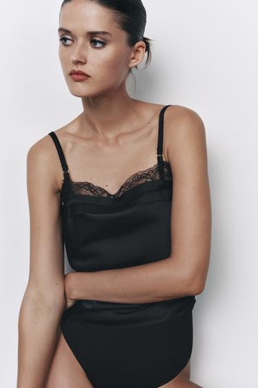 SATIN TOP WITH LACE INSERTS - Black by Zara
