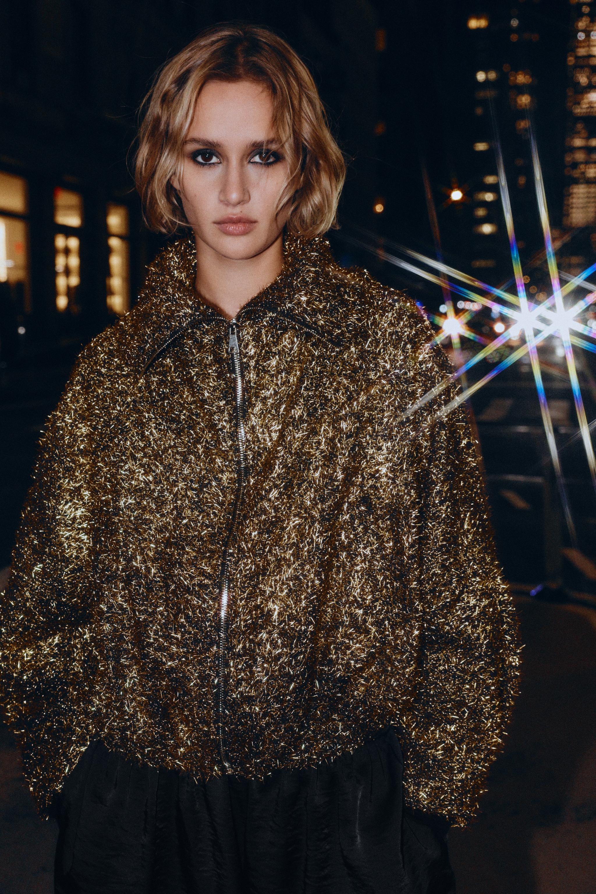 METALLIC THREAD BOMBER JACKET - Black gold | ZARA United States