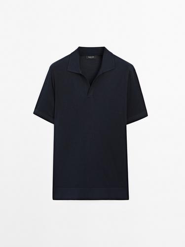 Zara Knit V-neck polo shirt - Navy blue - Image 0