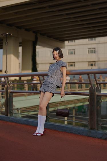 Zara 條紋鈕扣上衣 - 海藍色 / 白色