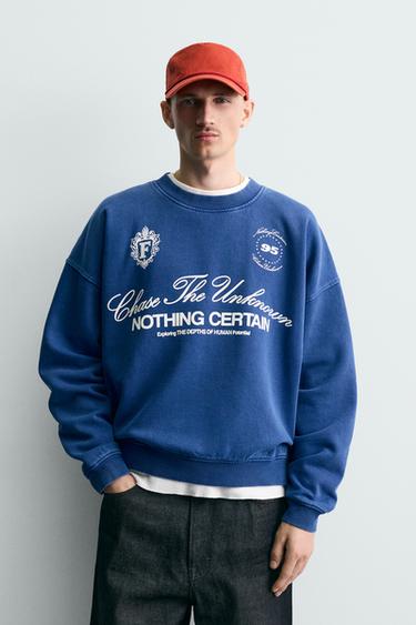 SUDADERA BOXY FIT TEXTOS ESTAMPADOS - Marino de Zara
