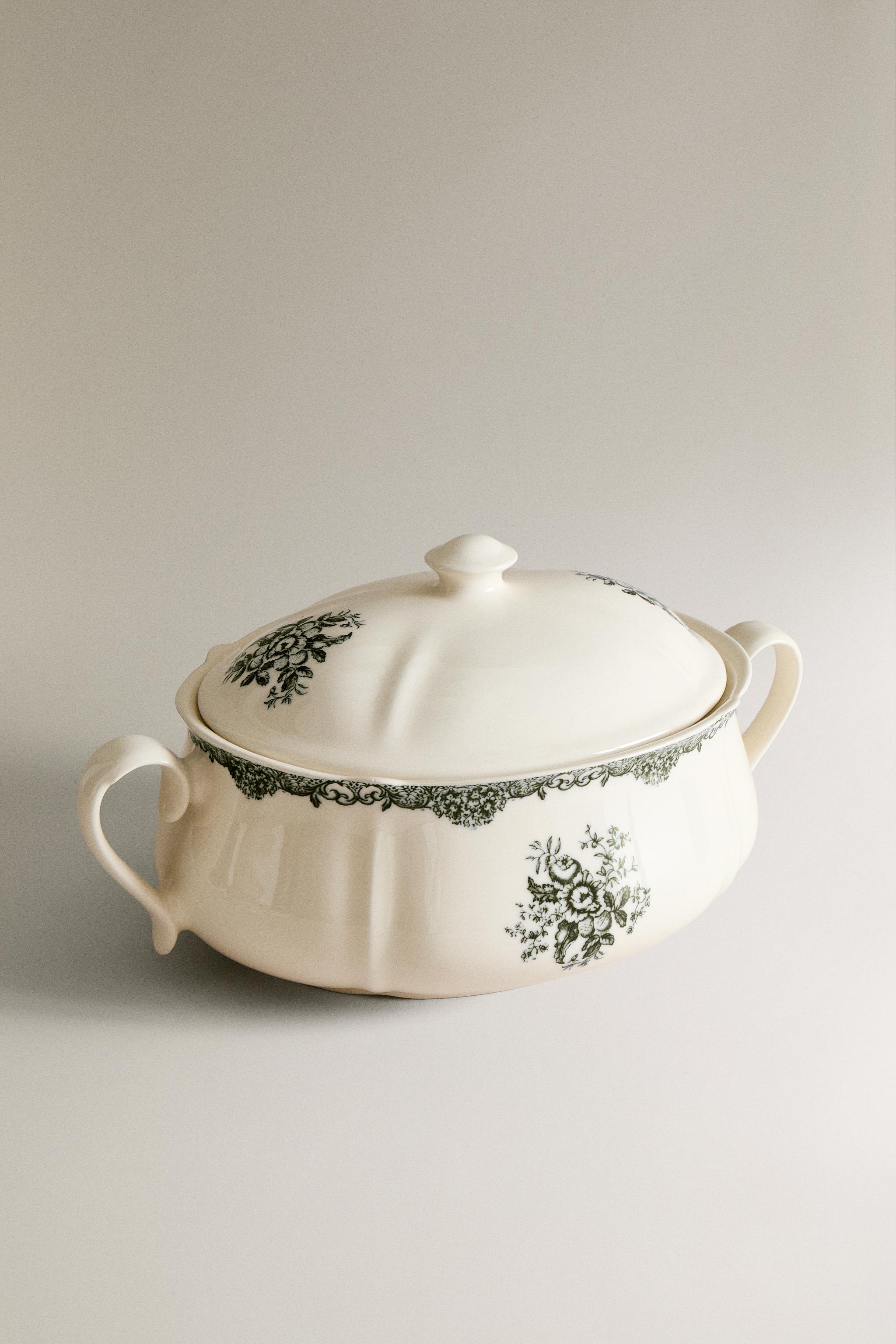 FLORAL EARTHENWARE TUREEN — Dark olive