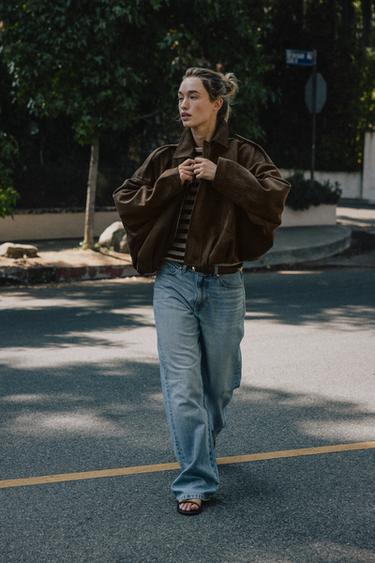 Zara SUEDE EFFECT BOMBER JACKET - Dark brown